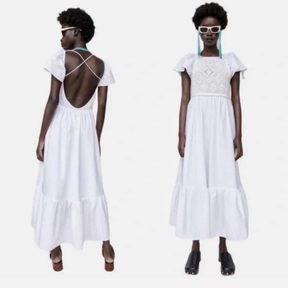 ZARA WHITE COTTON FLUTTER SLEEVE CROCHET BODICE CROSS BACK SUMMER MIDI DRESS - Picture 3 of 13
